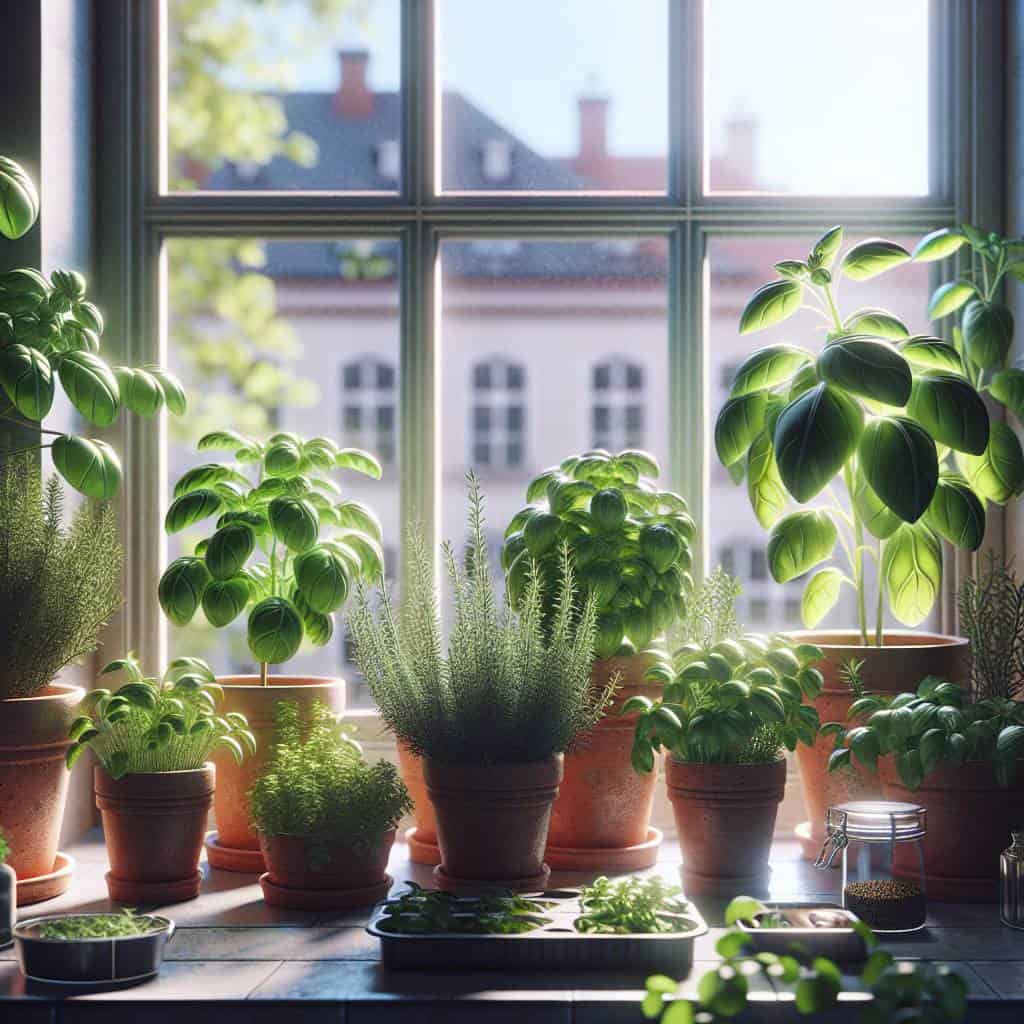 Growing herbs indoors on a windowsill thriving