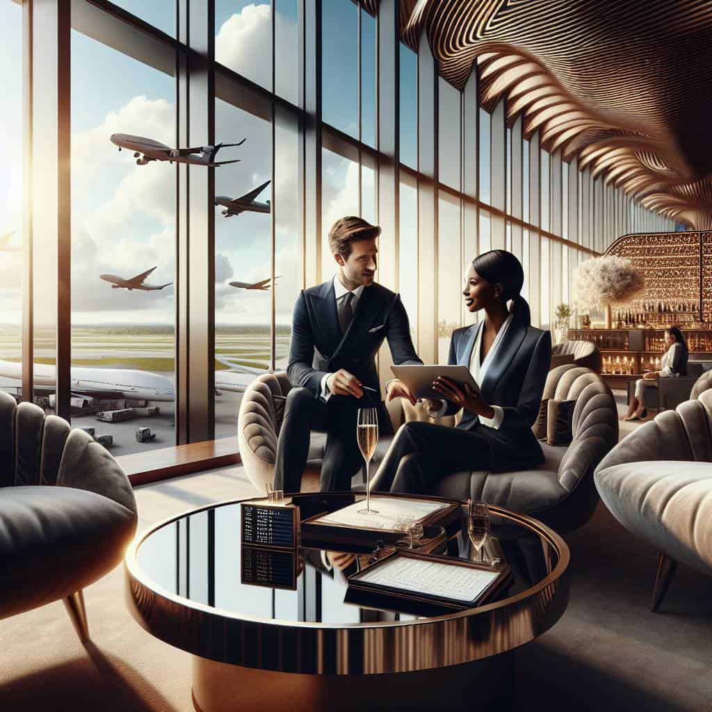 Travel concierge service at airport lounge.